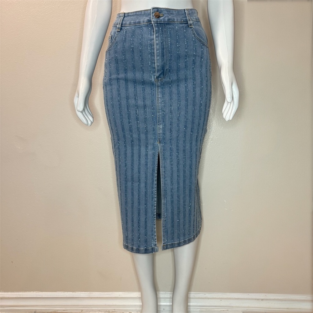 Light blue denim front slit midi skirt with rhinestone details